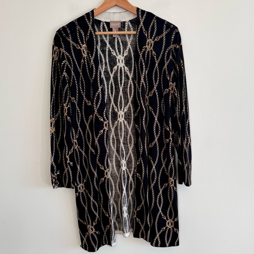Chico’s open front longline lightweight chain print equestrian preppy cardigan